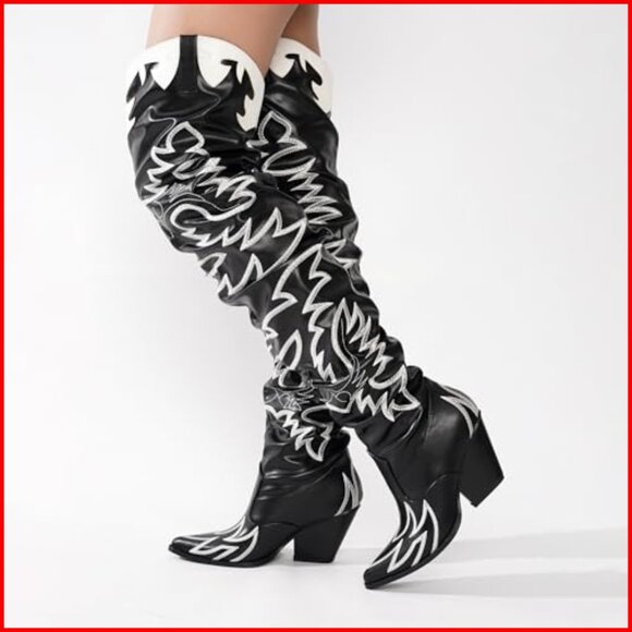 Women's Knee-High Western Boots with Chunky Block Heel - Picture 3 of 7